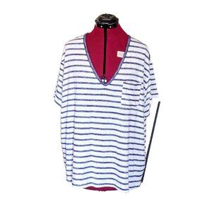 A.n.a Top Blue White Women Size 1X Striped V Neck Pocket Short Sleeves